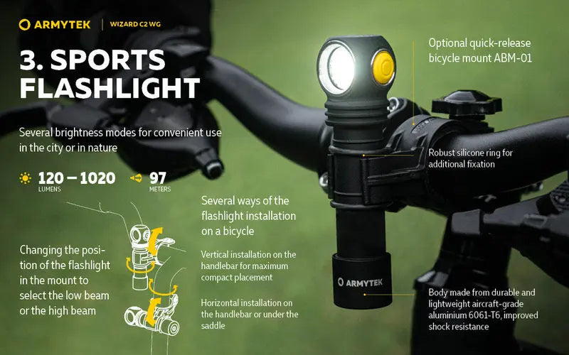 Lampe Frontale Armytek Wizard C2 WG – 1020 Lumens Warm / 400 Lumens Vert  NYCTALOPE  