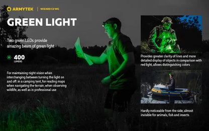 Lampe Frontale Armytek Wizard C2 WG – 1020 Lumens Warm / 400 Lumens Vert  NYCTALOPE  