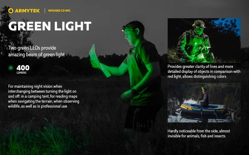 Lampe Frontale Armytek Wizard C2 WG – 1100 Lumens White / 400 Lumens Vert  NYCTALOPE  