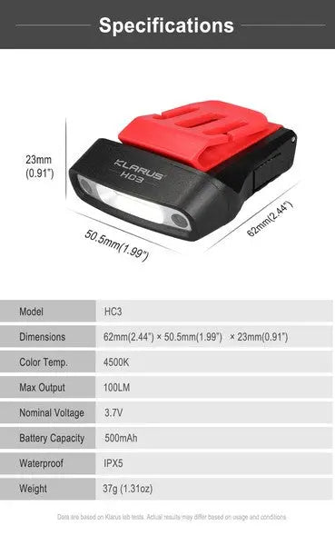 Lampe Frontale Klarus HC3 – 100 Lumens  NYCTALOPE  