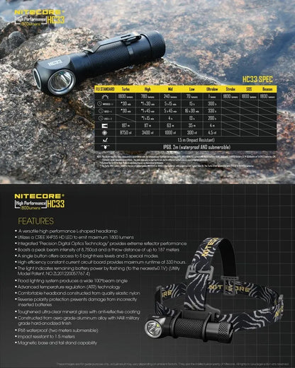 Lampe Frontale Nitecore HC33 – 1800 Lumens  NYCTALOPE  