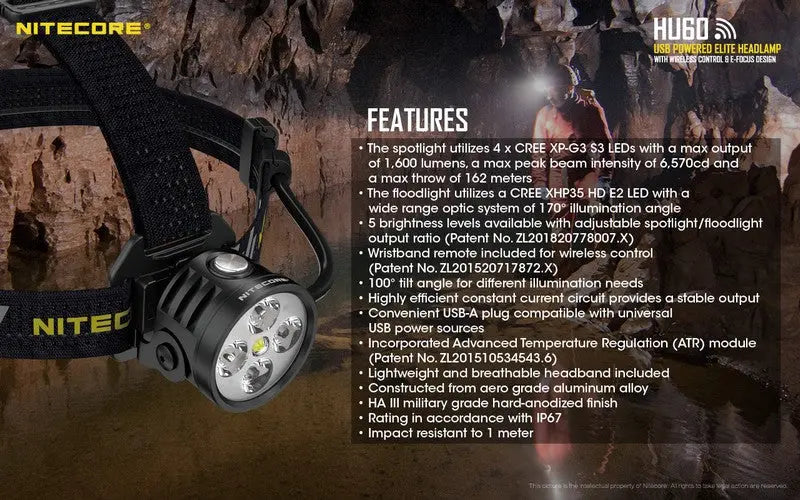 Lampe Frontale Nitecore HU60 – 1600 Lumens  NYCTALOPE  