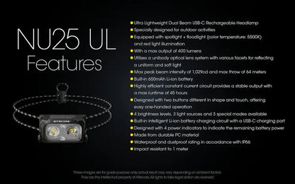 Lampe Frontale Nitecore NU25UL – 400 Lumens  NYCTALOPE  