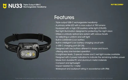 Lampe Frontale Nitecore NU33 – 700 Lumens  NYCTALOPE  