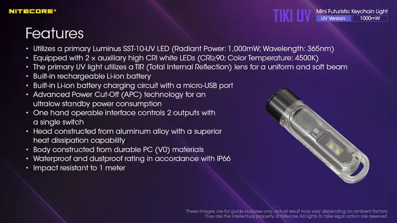 Lampe Nitecore TIKI UV – 1000mW 365nm rechargeable, pour porte-clés  NYCTALOPE  