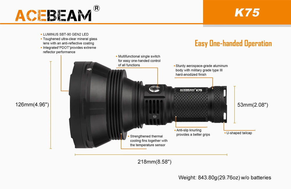 Lampe Torche Acebeam K75 – 6300 Lumens – Portée 2500 mètres  NYCTALOPE  