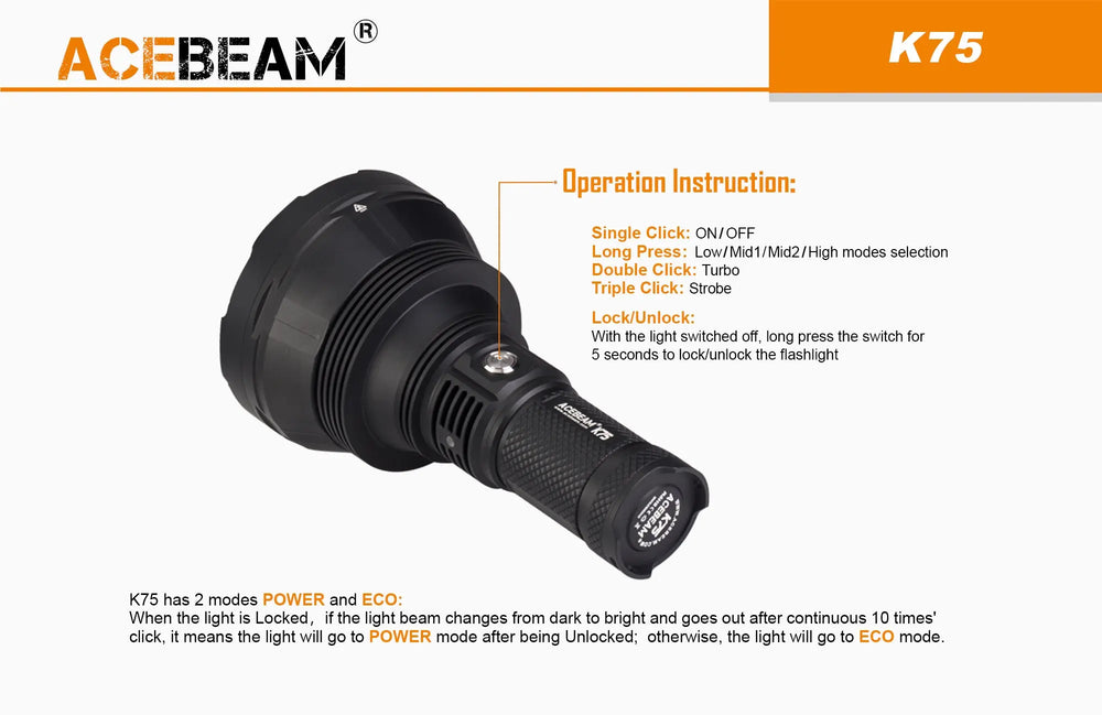 Lampe Torche Acebeam K75 – 6300 Lumens – Portée 2500 mètres  NYCTALOPE  