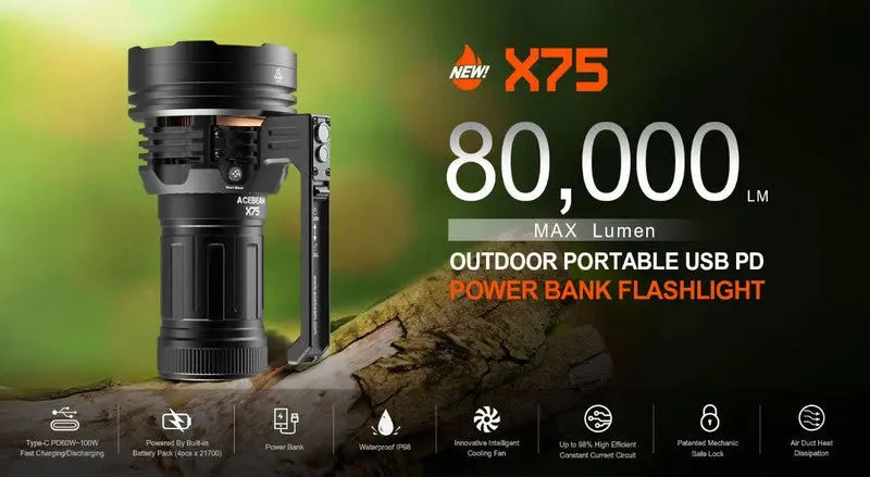 Lampe Torche Acebeam X75 – 80000 Lumens  NYCTALOPE  