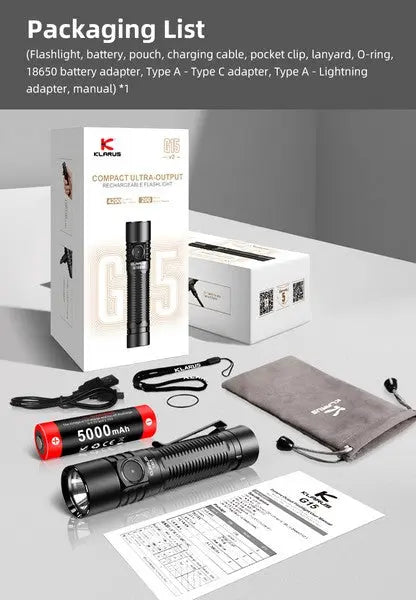 Lampe Torche Klarus G15 V2.0 – 4200 Lumens – Rechargeable Type-C  NYCTALOPE  