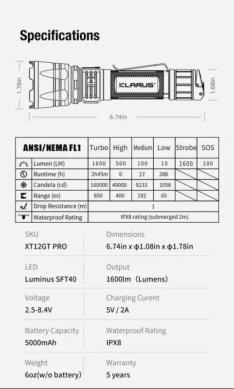 Lampe Torche Klarus XT12GT PRO – 1600 Lumens - Tactique et rechargeable  NYCTALOPE  