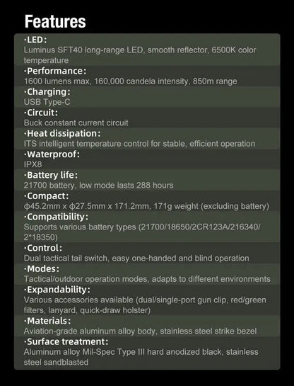 Lampe Torche Klarus XT12GT PRO – 1600 Lumens - Tactique et rechargeable  NYCTALOPE  