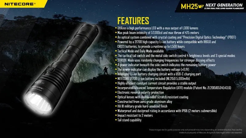 Lampe Torche Nitecore MH25 V2 – 1300 Lumens - Rechargeable  NYCTALOPE  