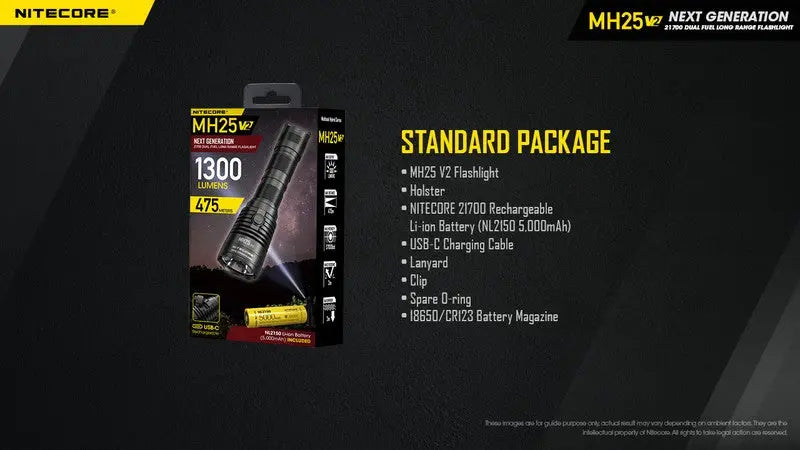 Lampe Torche Nitecore MH25 V2 – 1300 Lumens - Rechargeable  NYCTALOPE  
