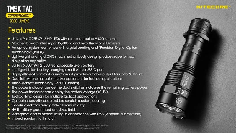 Lampe Torche Nitecore TM9K TAC – 9800 Lumens – Tactique et Rechargeable  NYCTALOPE  
