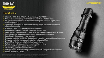 Lampe Torche Nitecore TM9K TAC – 9800 Lumens – Tactique et Rechargeable  NYCTALOPE  