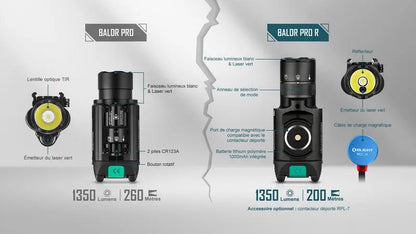 Lampe Torche Olight BALDR Pro R – 1350 Lumens – Laser Vert - NYCTALOPE