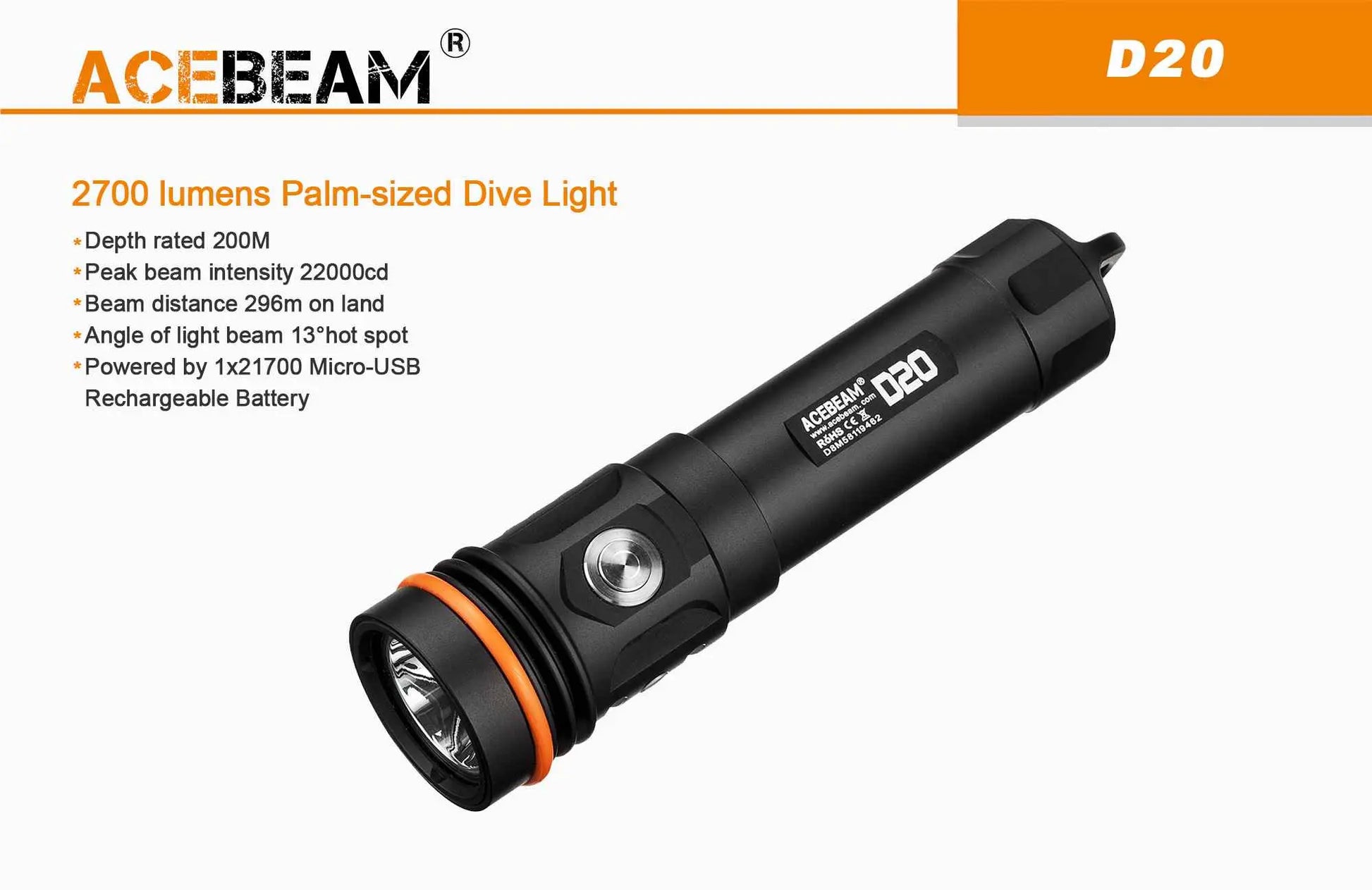 Lampe Torche de Plongée Acebeam D20 – 2700 Lumens - NYCTALOPE