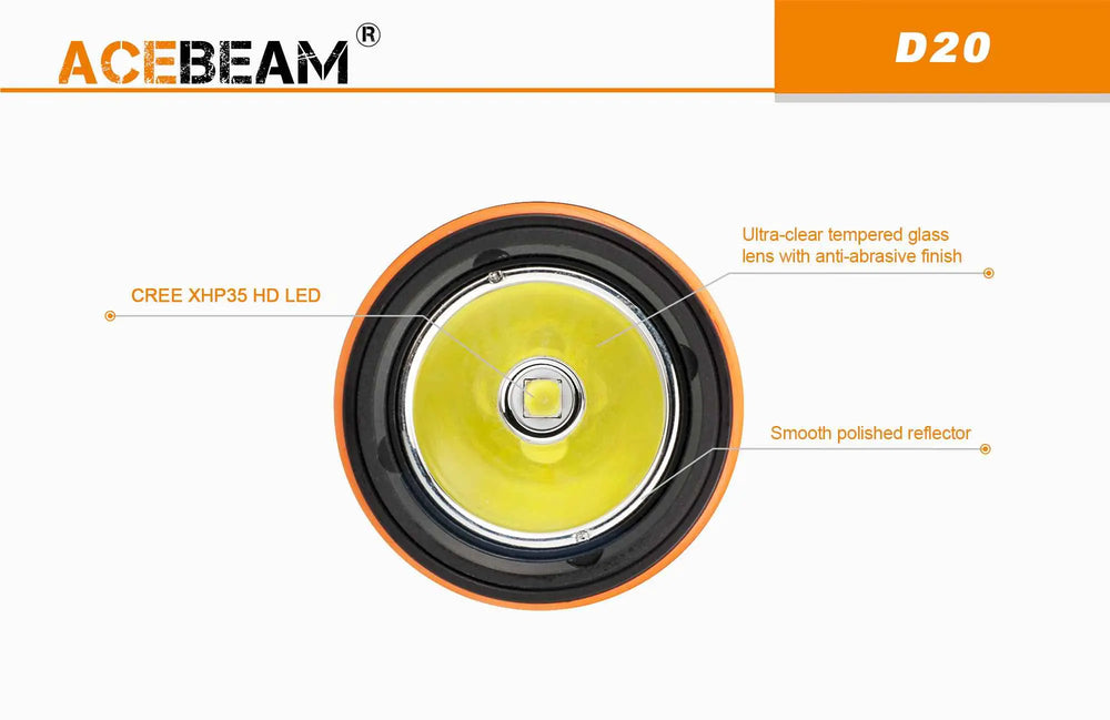 Lampe Torche de Plongée Acebeam D20 – 2700 Lumens - NYCTALOPE