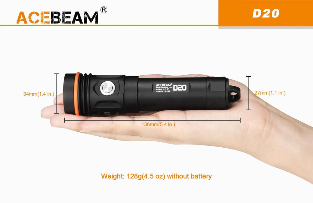 Lampe Torche de Plongée Acebeam D20 – 2700 Lumens - NYCTALOPE