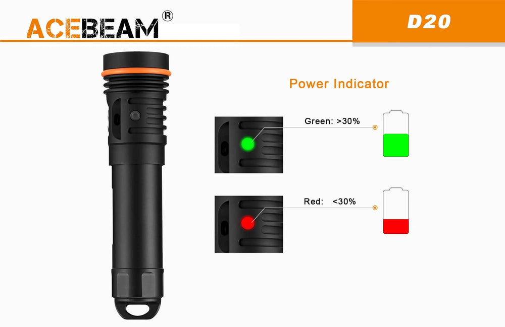 Lampe Torche de Plongée Acebeam D20 – 2700 Lumens - NYCTALOPE