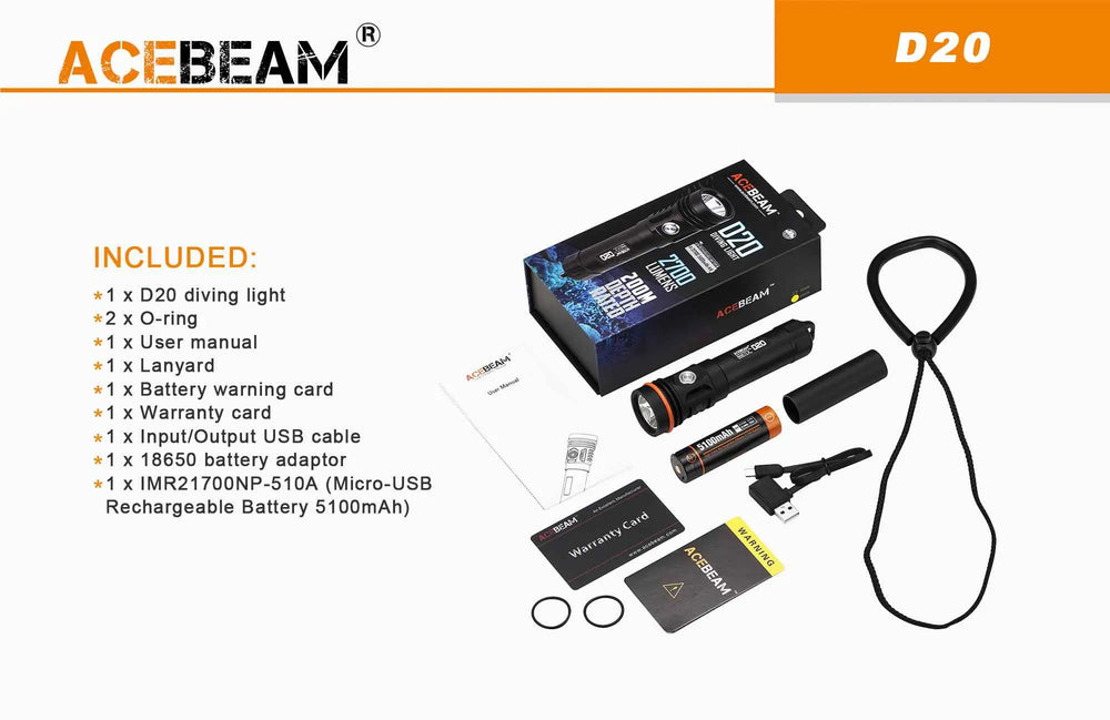 Lampe Torche de Plongée Acebeam D20 – 2700 Lumens - NYCTALOPE