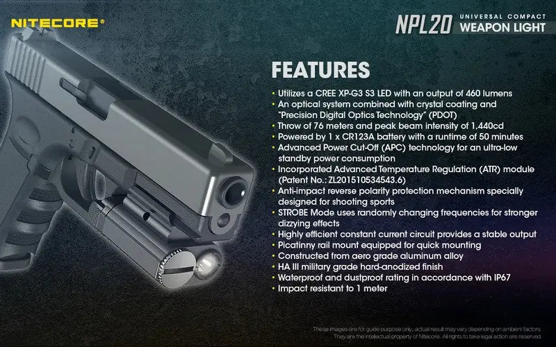 Lampe Torche pour arme Nitecore NPL20 – 460 Lumens  NYCTALOPE  