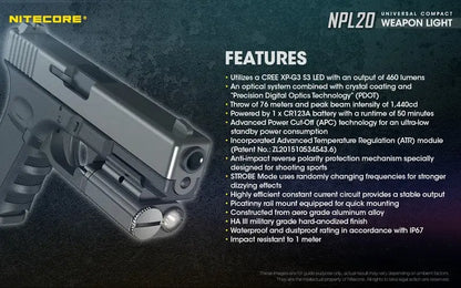 Lampe Torche pour arme Nitecore NPL20 – 460 Lumens  NYCTALOPE  