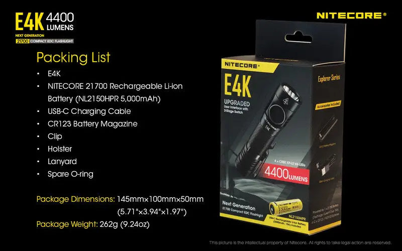Lampe de poche Nitecore E4K - 4400 Lumens  NYCTALOPE  