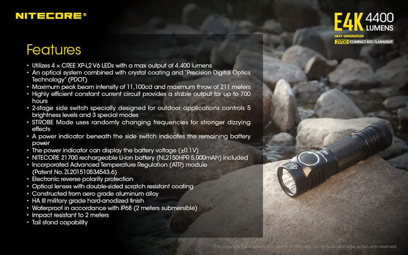 Lampe de poche Nitecore E4K - 4400 Lumens  NYCTALOPE  
