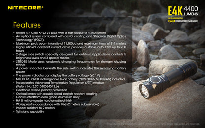 Lampe de poche Nitecore E4K - 4400 Lumens  NYCTALOPE  