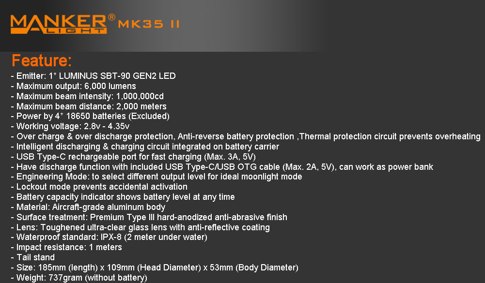 Lampe Torche Manker MK35 II – 6000 Lumens - NYCTALOPE