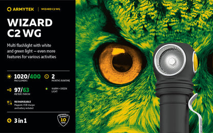 Lampe Frontale Armytek Wizard C2 WG – 1100 Lumens White / 400 Lumens Vert  NYCTALOPE  
