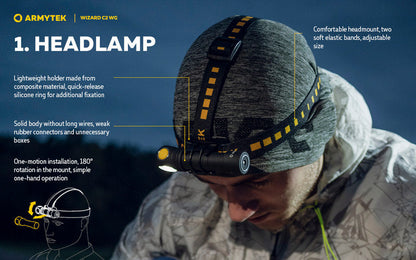 Lampe Frontale Armytek Wizard C2 WG – 1020 Lumens Warm / 400 Lumens Vert  NYCTALOPE  