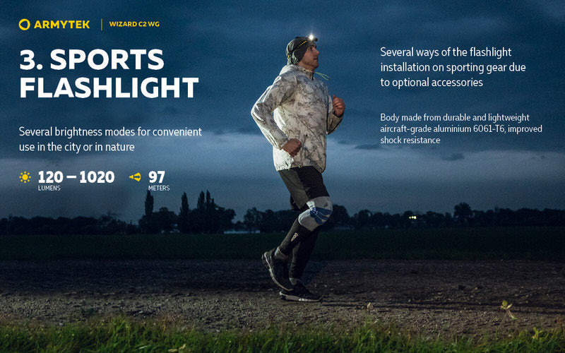 Lampe Frontale Armytek Wizard C2 WG – 1100 Lumens White / 400 Lumens Vert  NYCTALOPE  