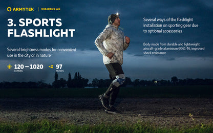 Lampe Frontale Armytek Wizard C2 WG – 1020 Lumens Warm / 400 Lumens Vert  NYCTALOPE  