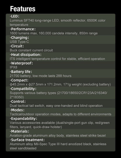 Lampe Torche Klarus XT12GT PRO – 1600 Lumens - Tactique et rechargeable  NYCTALOPE  