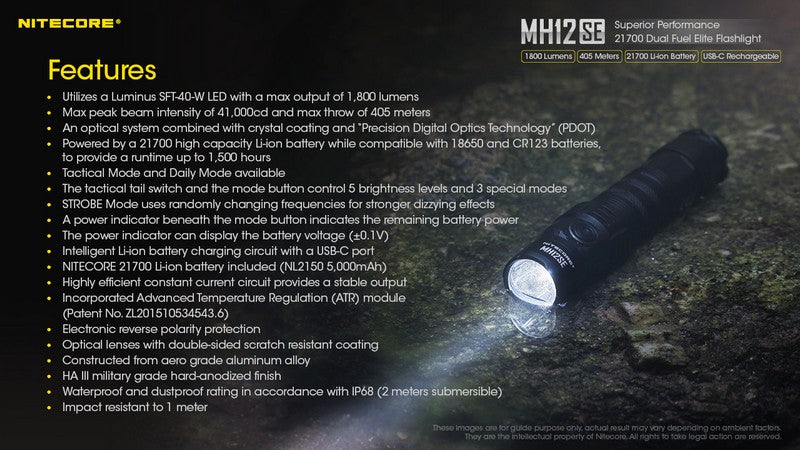 Lampe Torche Nitecore MH12SE – 1800 Lumens