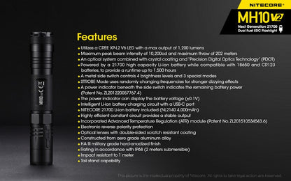 Lampe Torche Nitecore MH10V2 – 1200 Lumens - Rechargeable  NYCTALOPE  