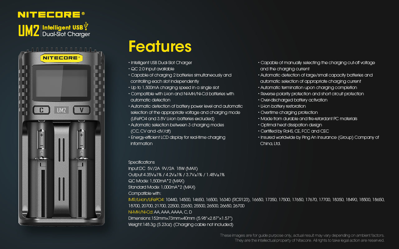 Chargeur Nitecore Intelligent USB UM2 pour batteries Li-ion, IMR, LifePO4, Ni-MH, Ni-Cd  NYCTALOPE  