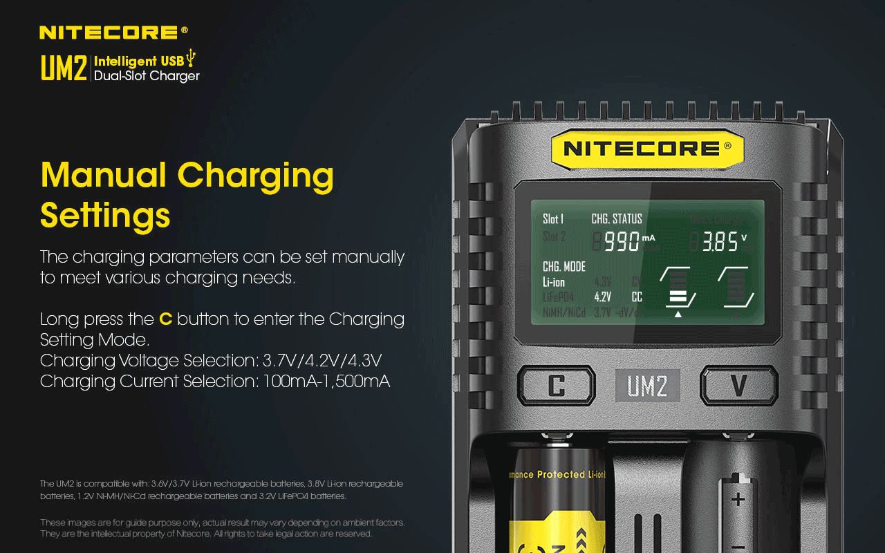 Chargeur Nitecore Intelligent USB UM2 pour batteries Li-ion, IMR, LifePO4, Ni-MH, Ni-Cd