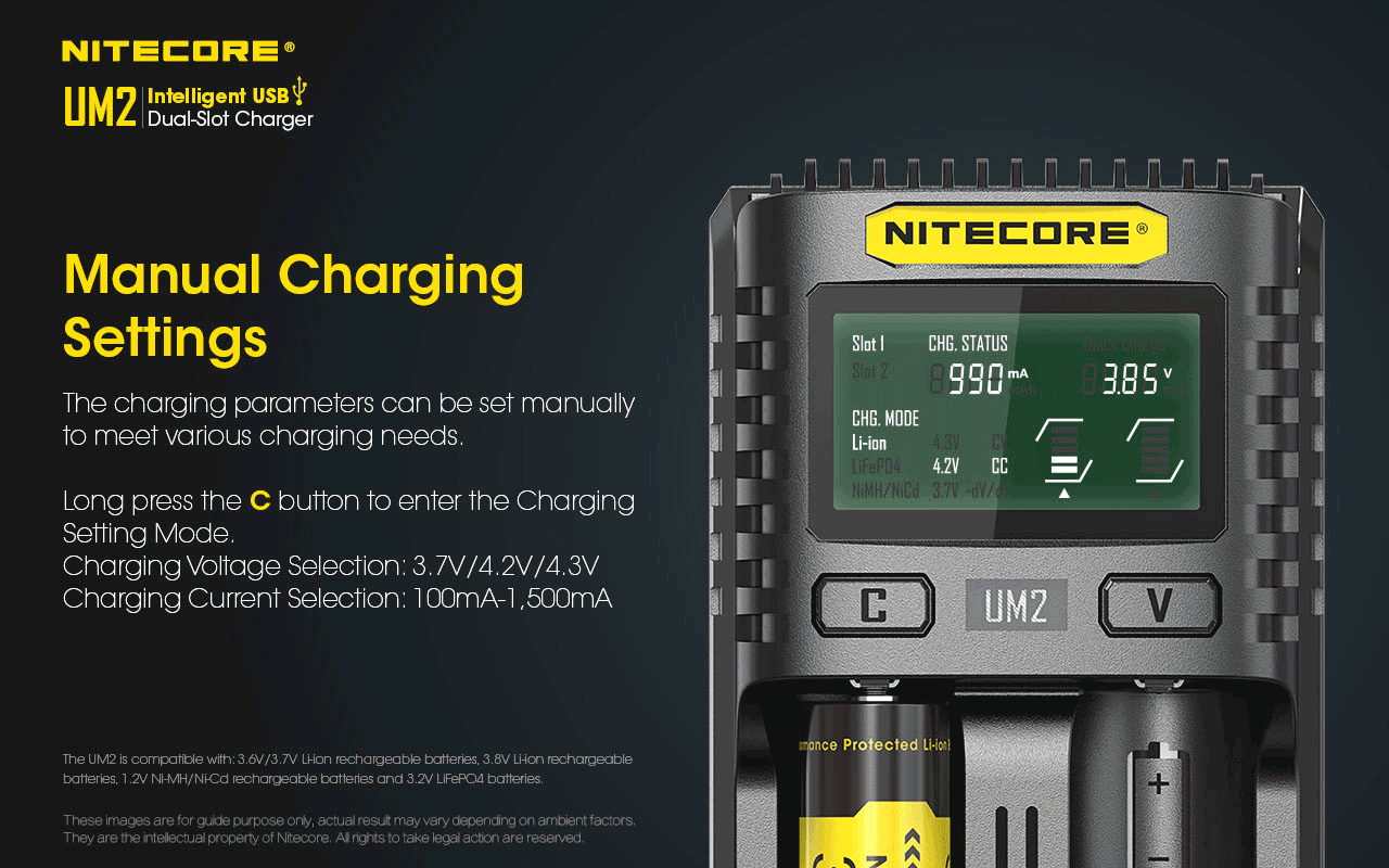 Chargeur Nitecore Intelligent USB UM2 pour batteries Li-ion, IMR, LifePO4, Ni-MH, Ni-Cd  NYCTALOPE  