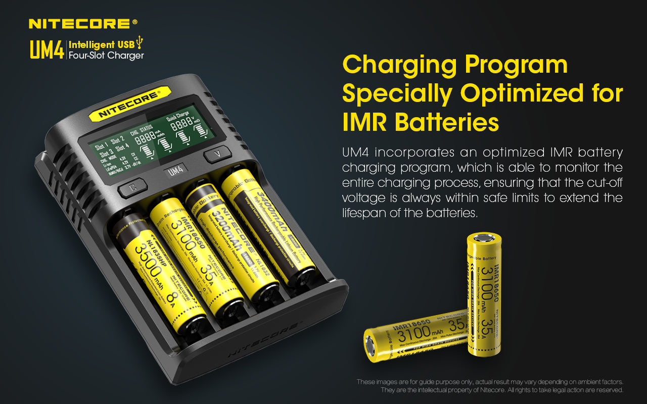 Chargeur Nitecore Intelligent USB UM4 pour batteries Li-ion, IMR, LifePO4, Ni-MH, Ni-Cd