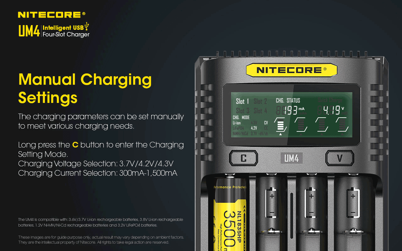 Chargeur Nitecore Intelligent USB UM4 pour batteries Li-ion, IMR, LifePO4, Ni-MH, Ni-Cd