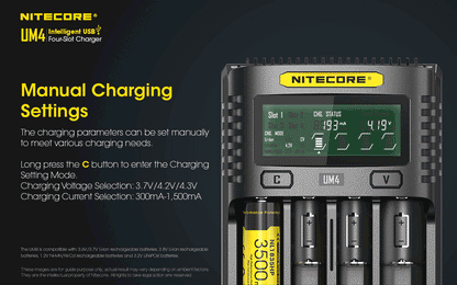 Chargeur Nitecore Intelligent USB UM4 pour batteries Li-ion, IMR, LifePO4, Ni-MH, Ni-Cd  NYCTALOPE  