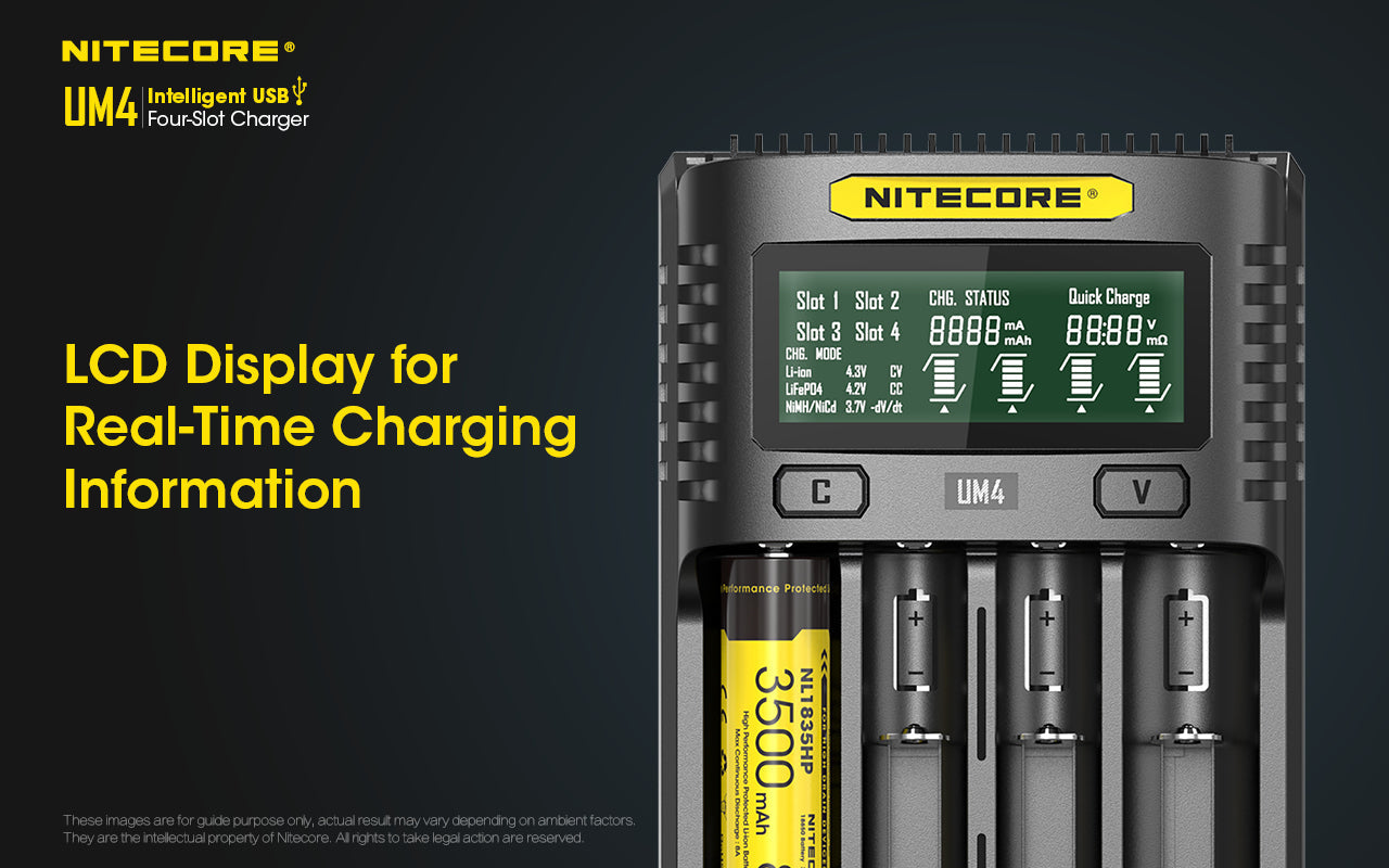 Chargeur Nitecore Intelligent USB UM4 pour batteries Li-ion, IMR, LifePO4, Ni-MH, Ni-Cd  NYCTALOPE  