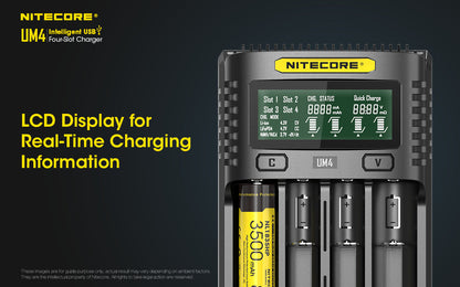 Chargeur Nitecore Intelligent USB UM4 pour batteries Li-ion, IMR, LifePO4, Ni-MH, Ni-Cd  NYCTALOPE  