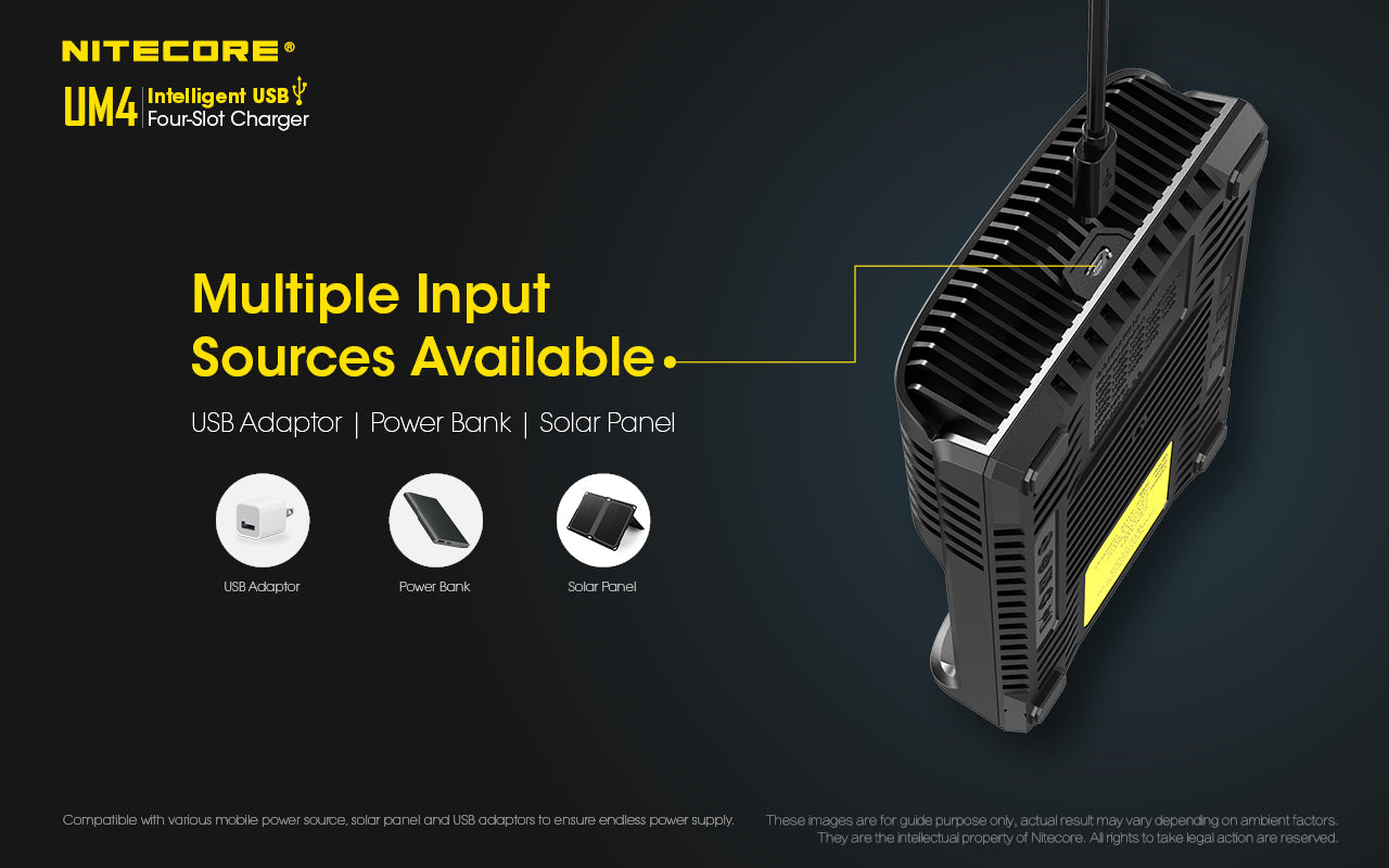 Chargeur Nitecore Intelligent USB UM4 pour batteries Li-ion, IMR, LifePO4, Ni-MH, Ni-Cd  NYCTALOPE  