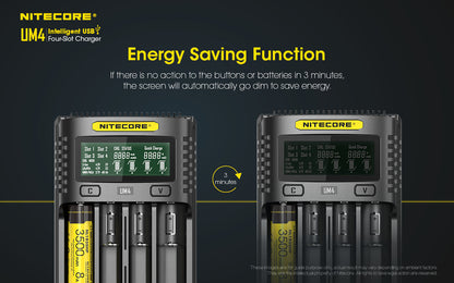 Chargeur Nitecore Intelligent USB UM4 pour batteries Li-ion, IMR, LifePO4, Ni-MH, Ni-Cd  NYCTALOPE  
