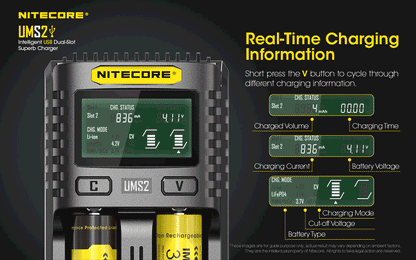 Chargeur Nitecore UMS2 pour batteries li-ion, IMR, LiFePO4, Ni-MH, Ni-Cd  NYCTALOPE  