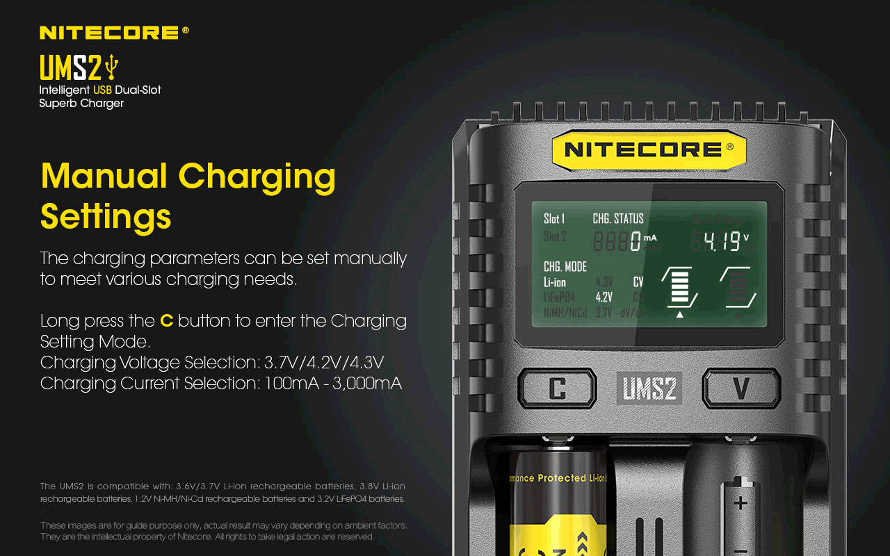 Chargeur Nitecore UMS2 pour batteries li-ion, IMR, LiFePO4, Ni-MH, Ni-Cd